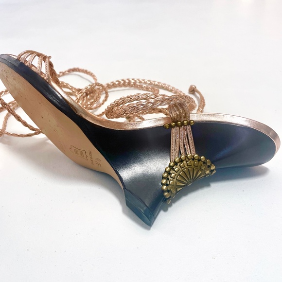JIMMY CHOO: Rose-gold 'Geisha' braided leather, ankle-wrap wedge. Size 37/37.5. - Picture 9 of 11